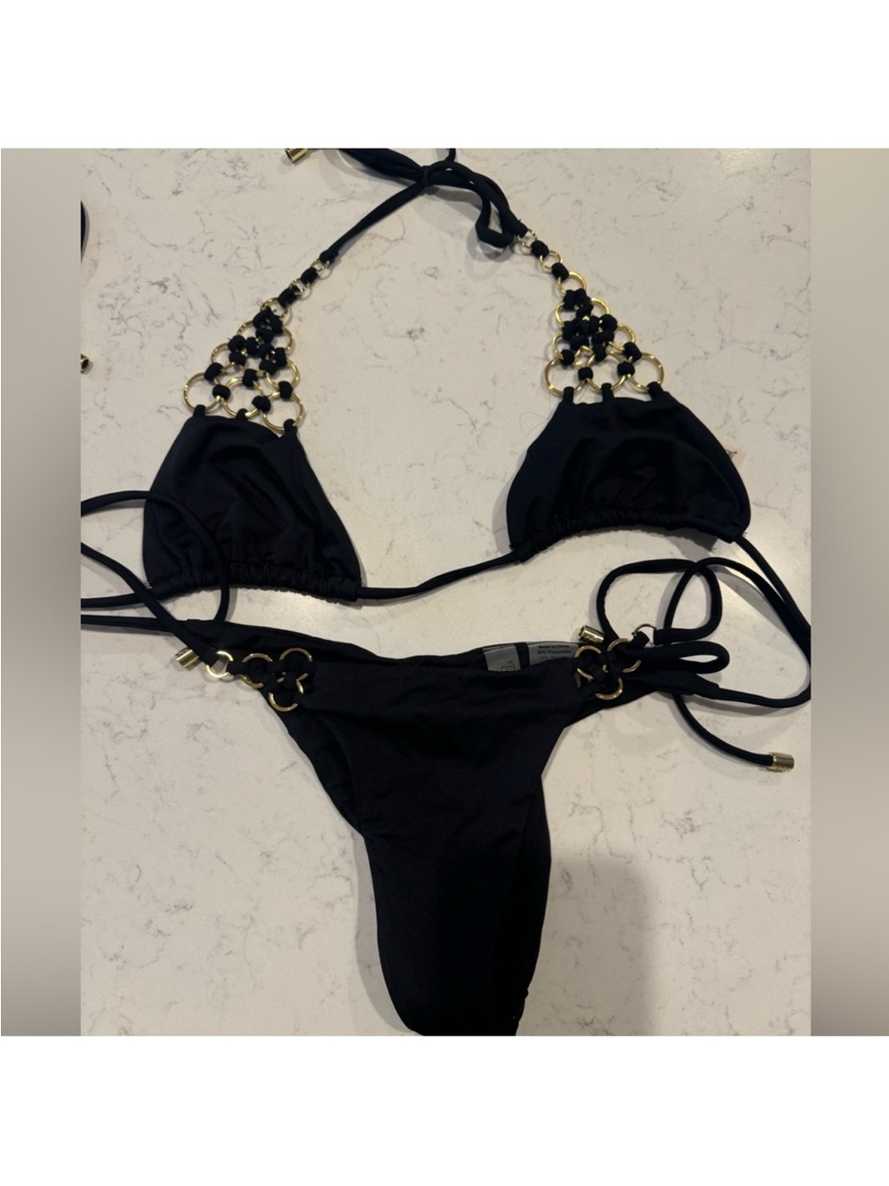 Beach bunny Black Halter Triangle Bikini with Gold Ring Accents - Women Swim xs